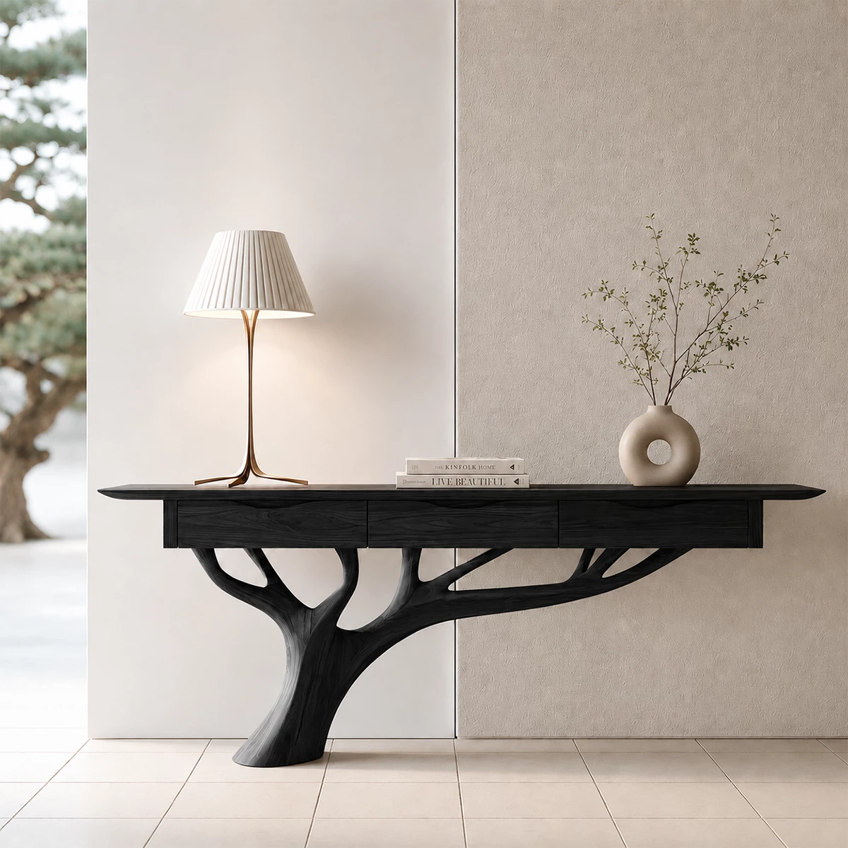 Natural Solid Wood Console Table Sculptural Tree Branch Wabi Sabi Style - Livewoodcraft - 2