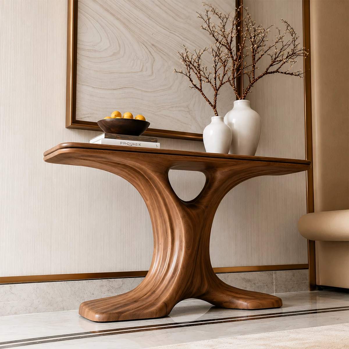 Natural Solid Wood Console Table Sculptural Twin Arch Modern Style - Livewoodcraft - 7