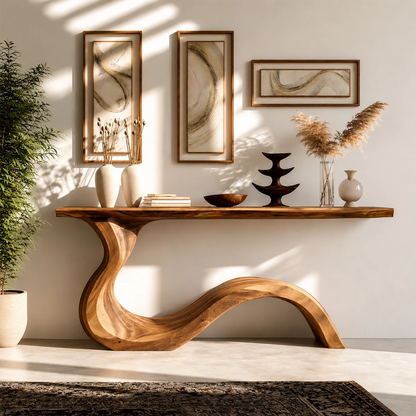 Natural Solid Wood Console Table Sculptural Wabi Sabi Style - Livewoodcraft