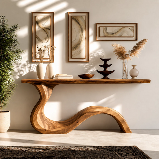 Natural Solid Wood Console Table Sculptural Wabi Sabi Style - Livewoodcraft