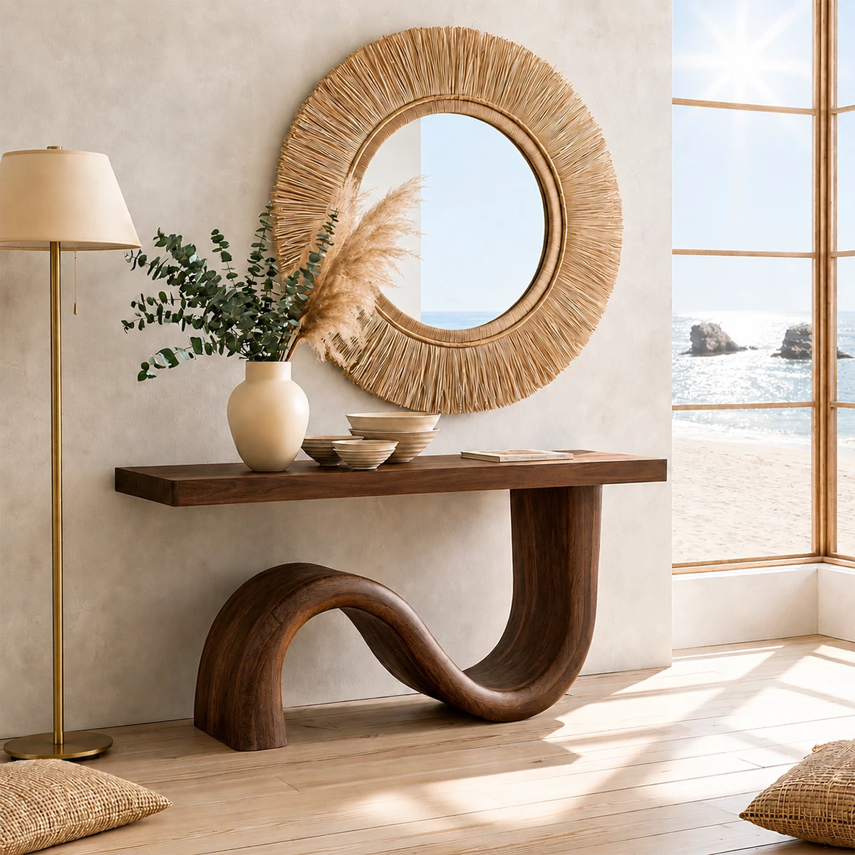 Natural Solid Wood Console Table Sculptural Wave Modern Style - Livewoodcraft - 7