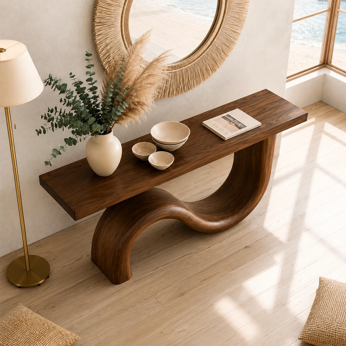 Natural Solid Wood Console Table Sculptural Wave Modern Style - Livewoodcraft - 9