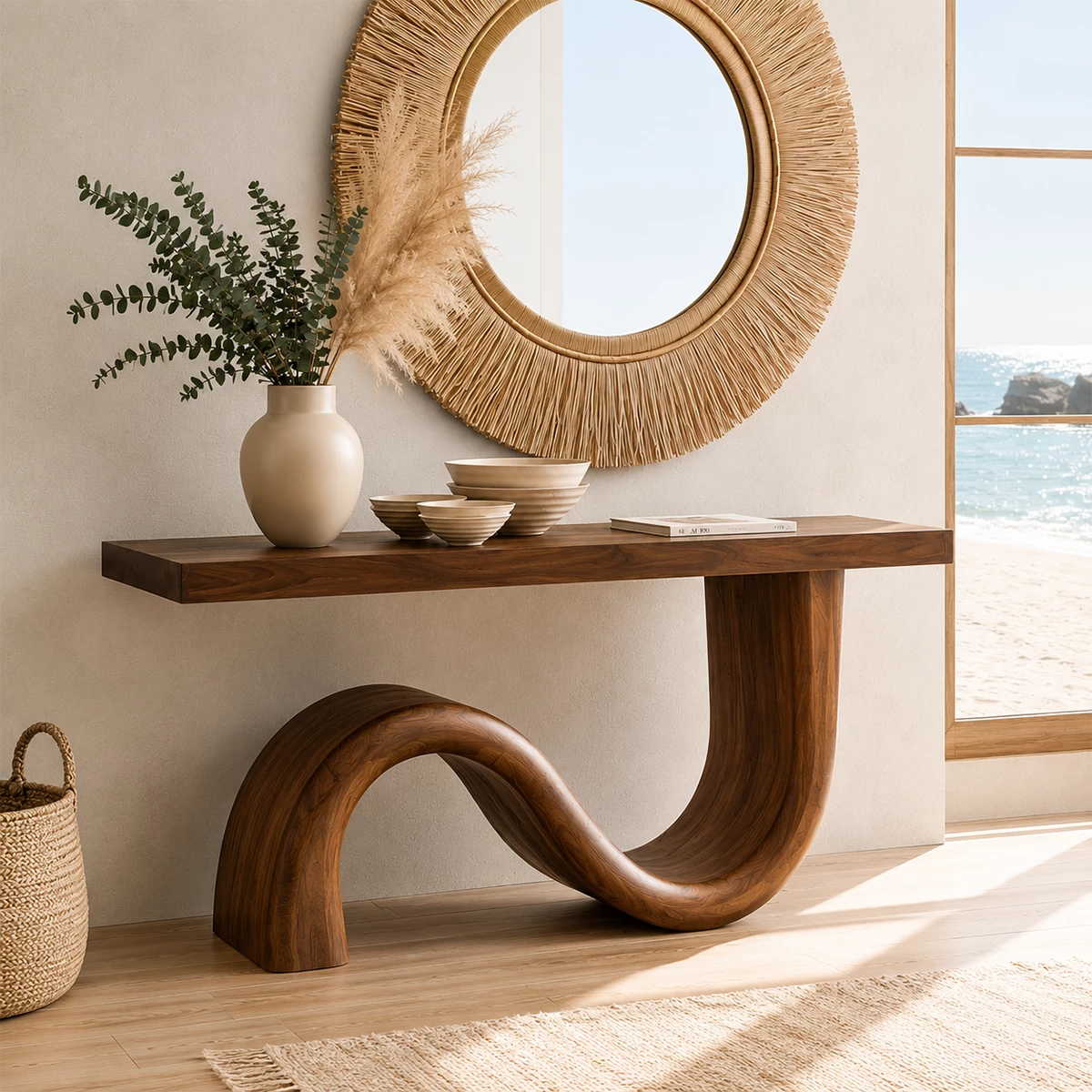 Natural Solid Wood Console Table Sculptural Wave Modern Style - Livewoodcraft