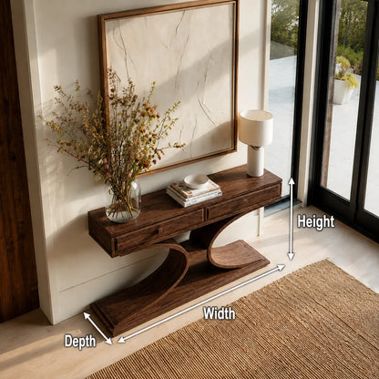 Natural Solid Wood Console Table with 2 Drawers and Sculptural Base - Livewoodcraft - 10