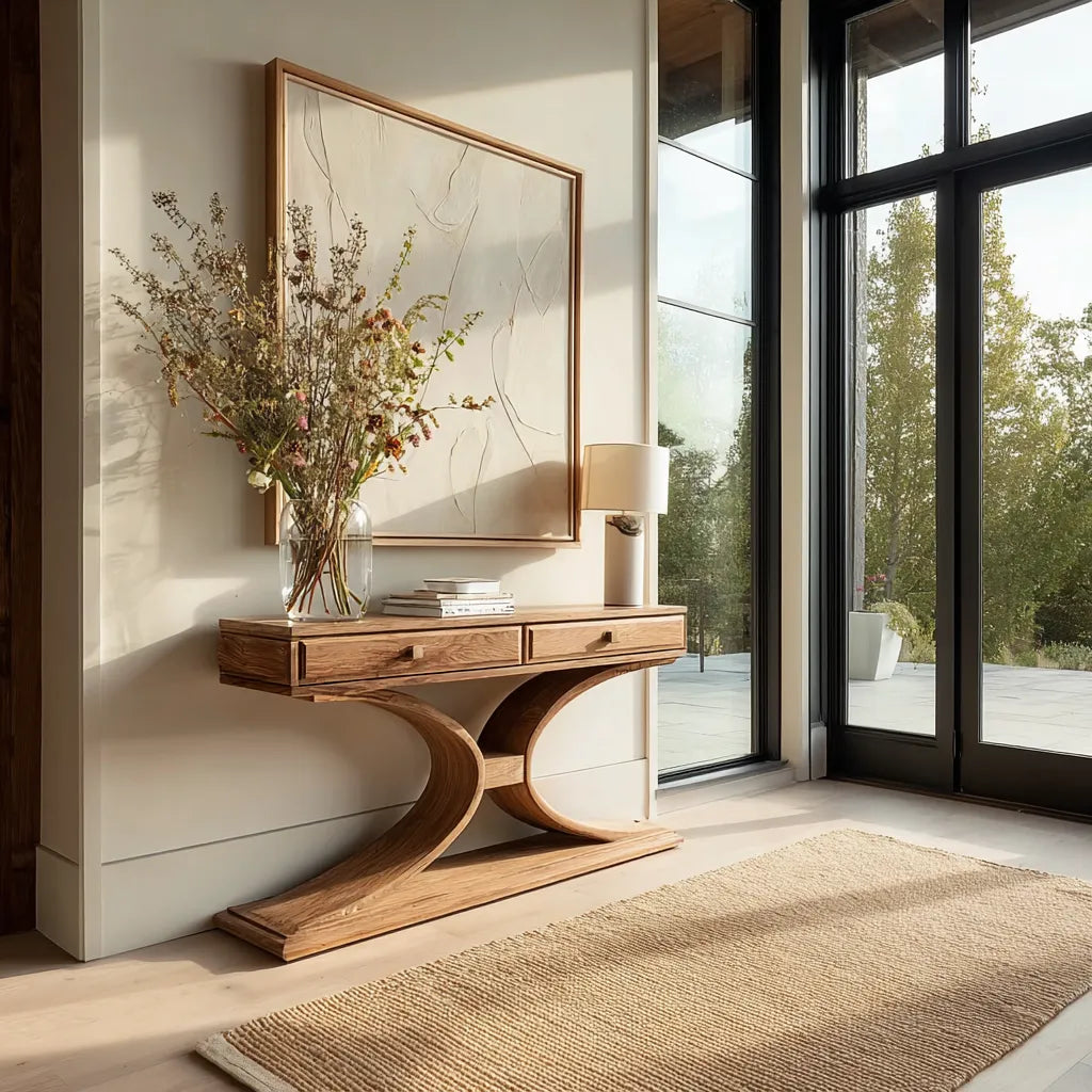Natural Solid Wood Console Table with 2 Drawers and Sculptural Base - Livewoodcraft - 2