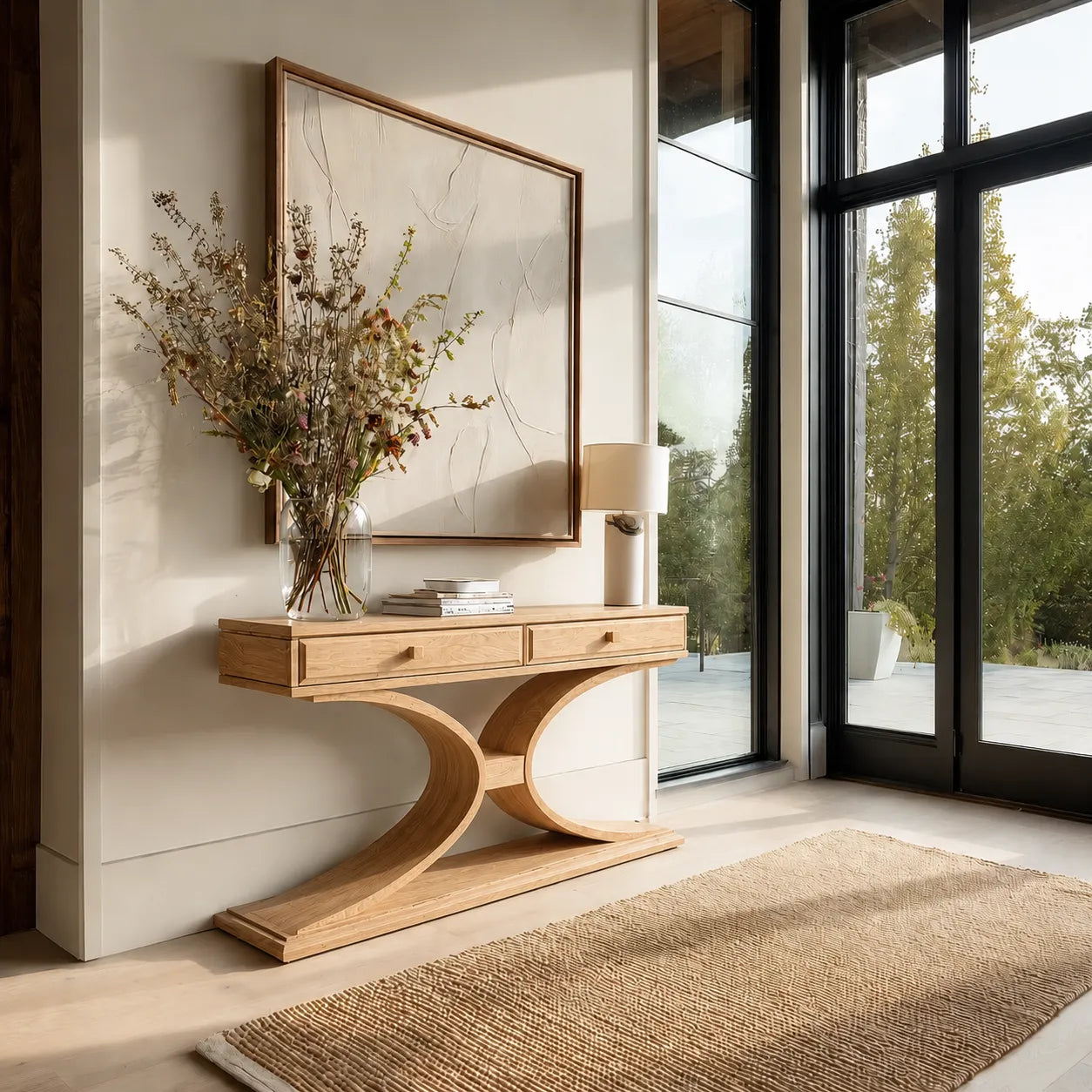 Natural Solid Wood Console Table with 2 Drawers and Sculptural Base - Livewoodcraft - 3