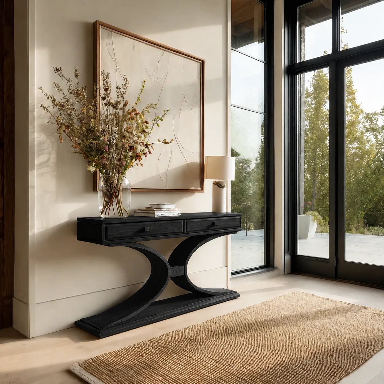 Natural Solid Wood Console Table with 2 Drawers and Sculptural Base - Livewoodcraft - 4
