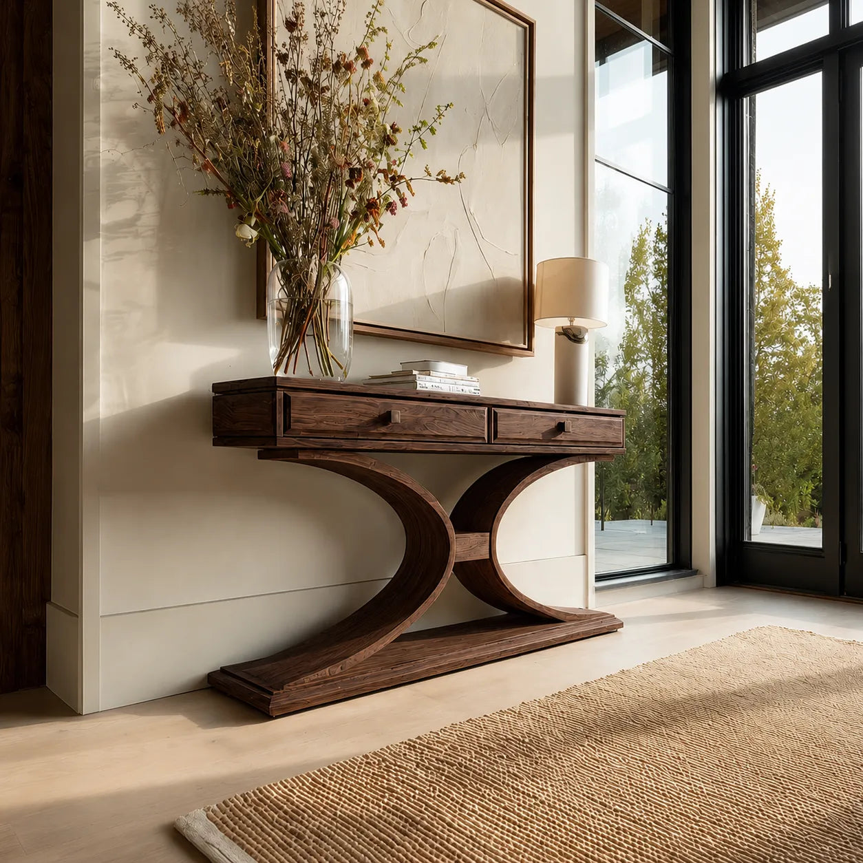 Natural Solid Wood Console Table with 2 Drawers and Sculptural Base - Livewoodcraft - 5