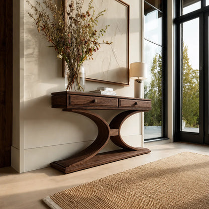 Natural Solid Wood Console Table with 2 Drawers and Sculptural Base - Livewoodcraft - 5