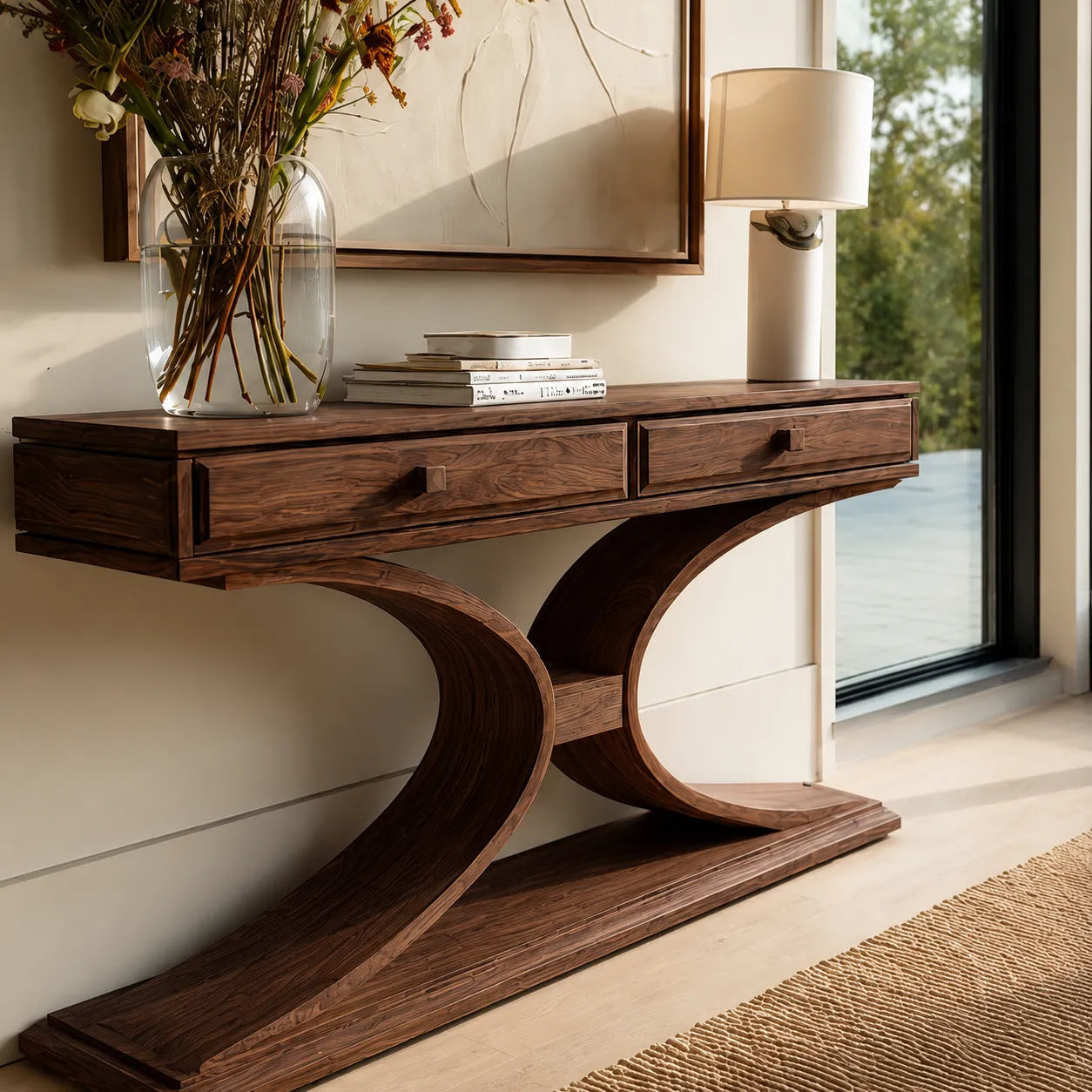 Natural Solid Wood Console Table with 2 Drawers and Sculptural Base - Livewoodcraft - 6