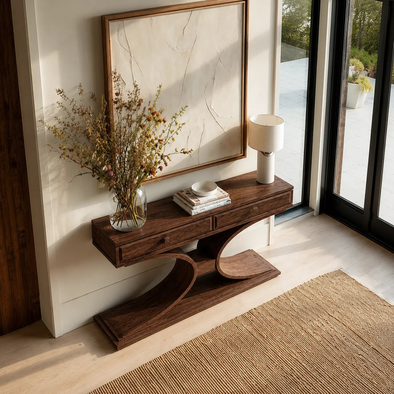 Natural Solid Wood Console Table with 2 Drawers and Sculptural Base - Livewoodcraft - 7