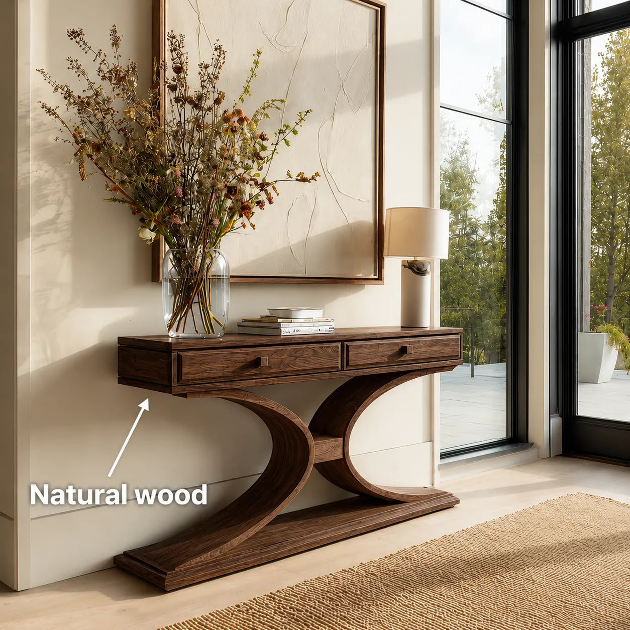Natural Solid Wood Console Table with 2 Drawers and Sculptural Base - Livewoodcraft - 9