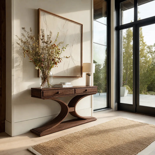 Natural Solid Wood Console Table with 2 Drawers and Sculptural Base - Livewoodcraft