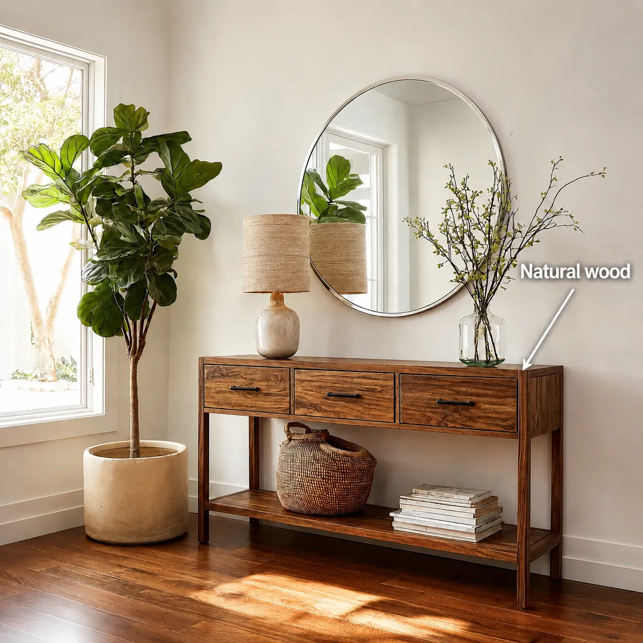Natural Solid Wood Console Table with 3 Drawers and Open Shelf - Livewoodcraft - 10