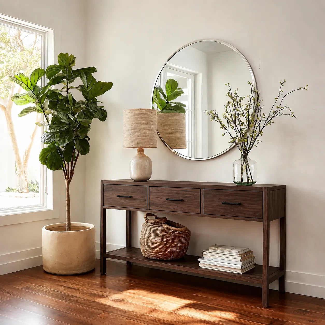 Natural Solid Wood Console Table with 3 Drawers and Open Shelf - Livewoodcraft - 2