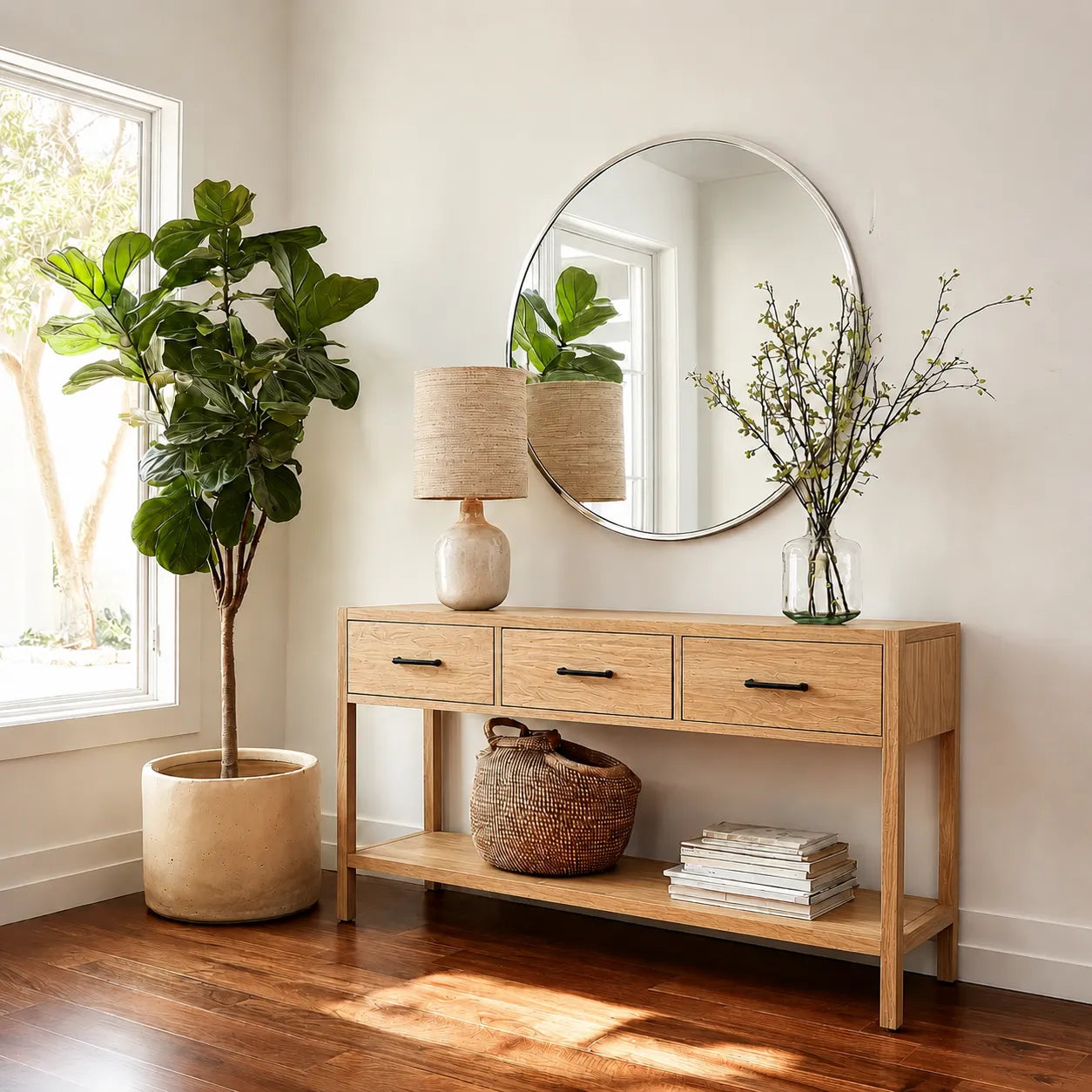 Natural Solid Wood Console Table with 3 Drawers and Open Shelf - Livewoodcraft - 3