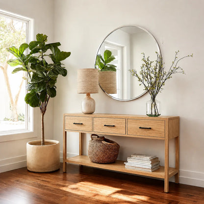 Natural Solid Wood Console Table with 3 Drawers and Open Shelf - Livewoodcraft - 3