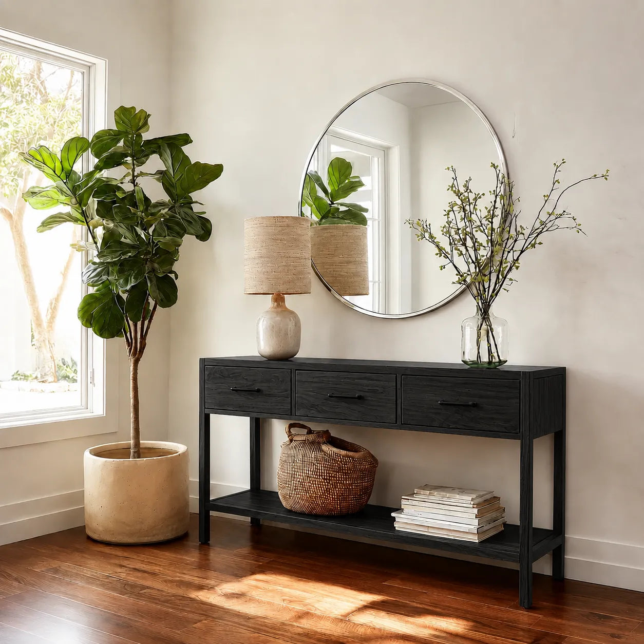 Natural Solid Wood Console Table with 3 Drawers and Open Shelf - Livewoodcraft - 4