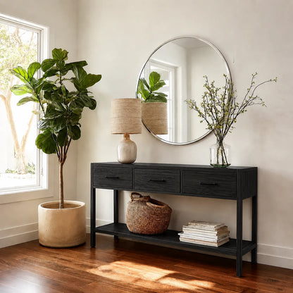 Natural Solid Wood Console Table with 3 Drawers and Open Shelf - Livewoodcraft - 4