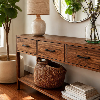 Natural Solid Wood Console Table with 3 Drawers and Open Shelf - Livewoodcraft - 5