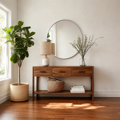 Natural Solid Wood Console Table with 3 Drawers and Open Shelf - Livewoodcraft - 6