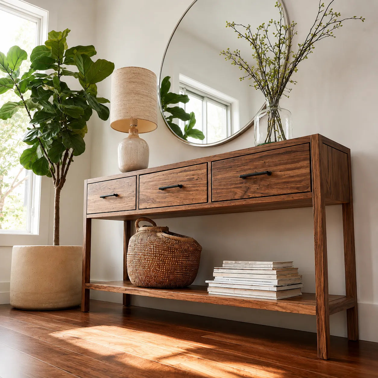 Natural Solid Wood Console Table with 3 Drawers and Open Shelf - Livewoodcraft - 7