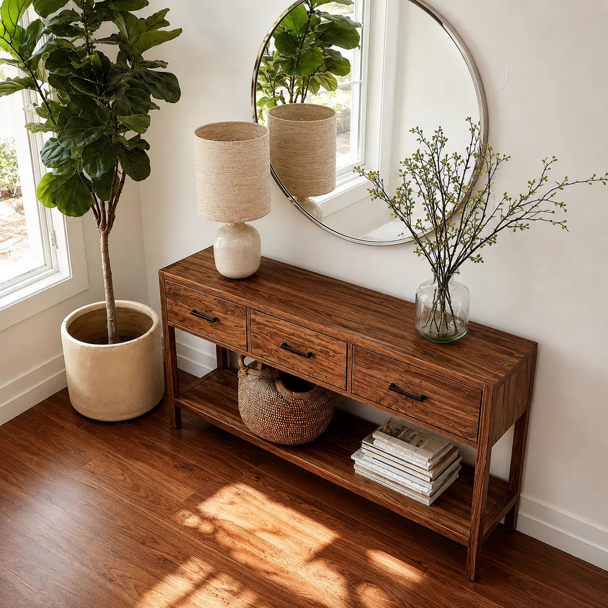 Natural Solid Wood Console Table with 3 Drawers and Open Shelf - Livewoodcraft - 8
