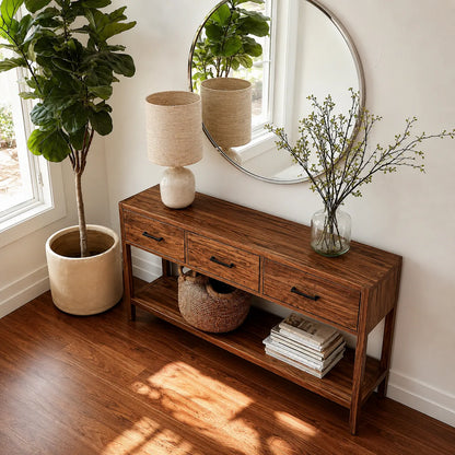 Natural Solid Wood Console Table with 3 Drawers and Open Shelf - Livewoodcraft - 8
