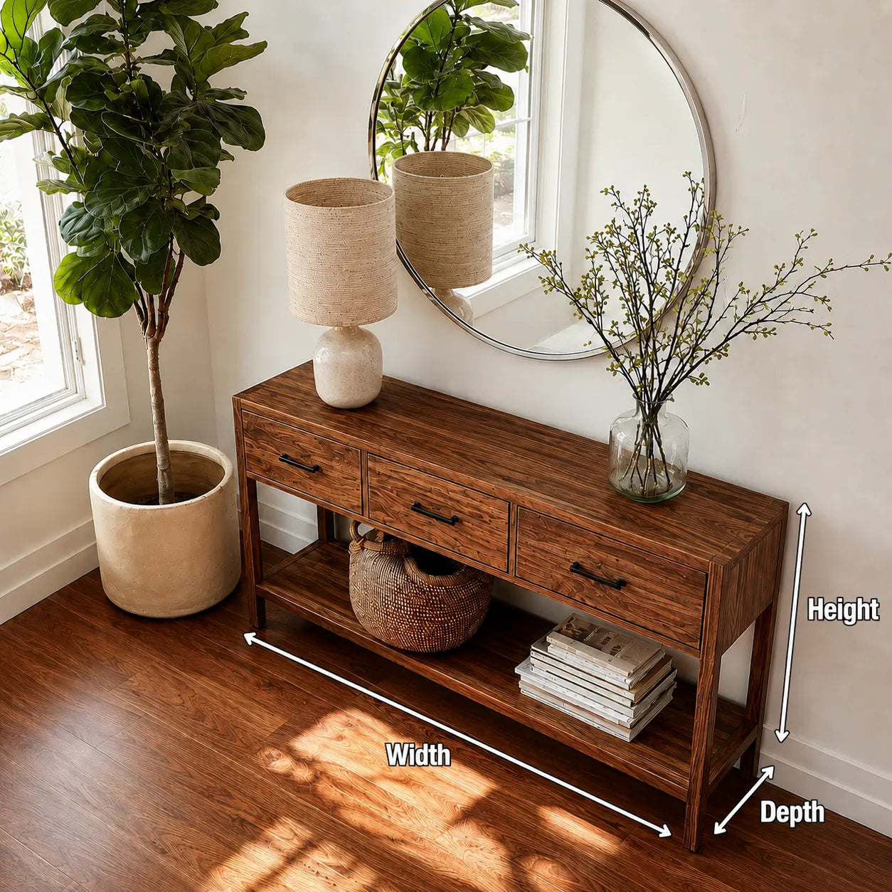 Natural Solid Wood Console Table with 3 Drawers and Open Shelf - Livewoodcraft - 9