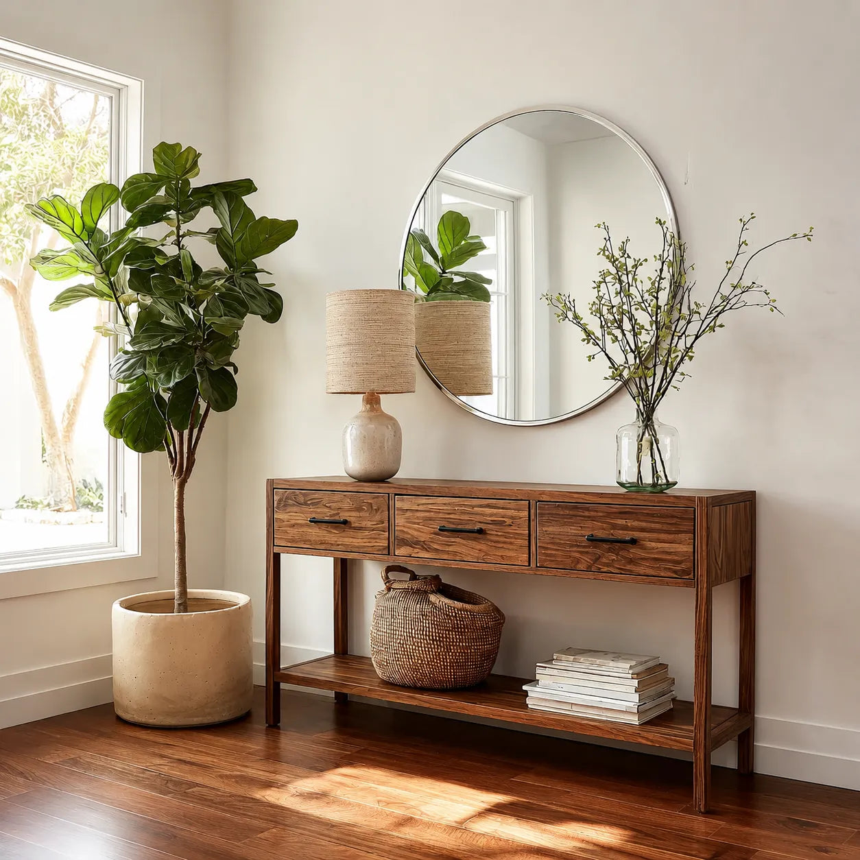 Natural Solid Wood Console Table with 3 Drawers and Open Shelf - Livewoodcraft
