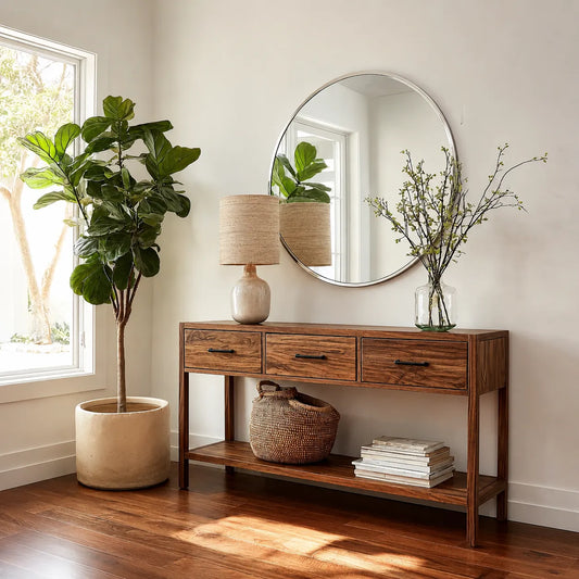 Natural Solid Wood Console Table with 3 Drawers and Open Shelf - Livewoodcraft