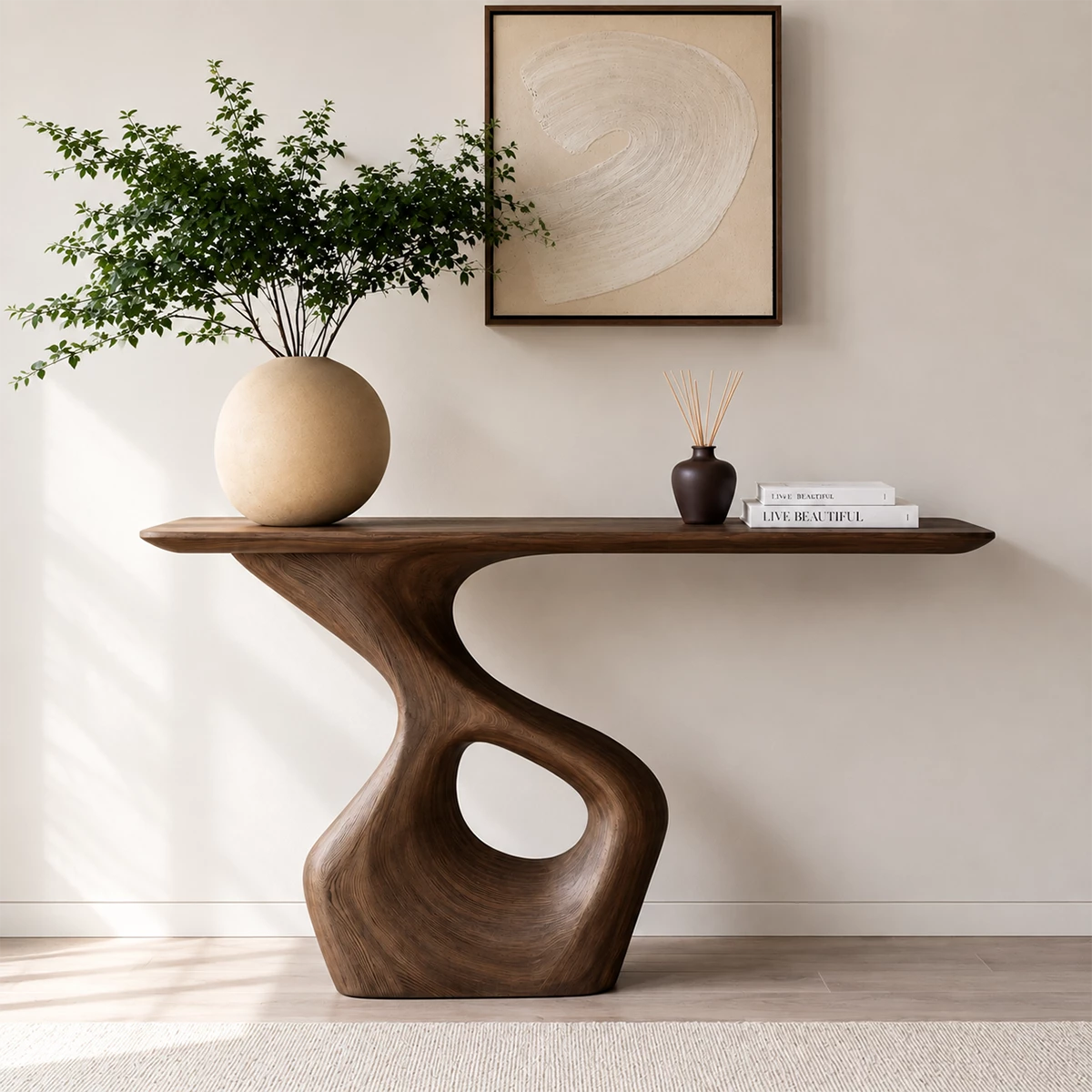 Natural Solid Wood Console Table with Abstract Cutout Pedestal Modern Style - Livewoodcraft - 2