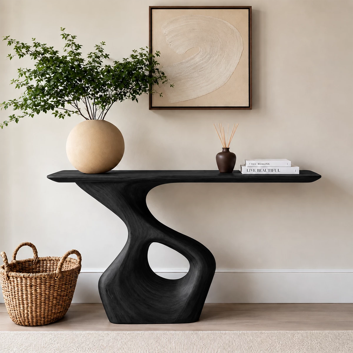 Natural Solid Wood Console Table with Abstract Cutout Pedestal Modern Style - Livewoodcraft - 3