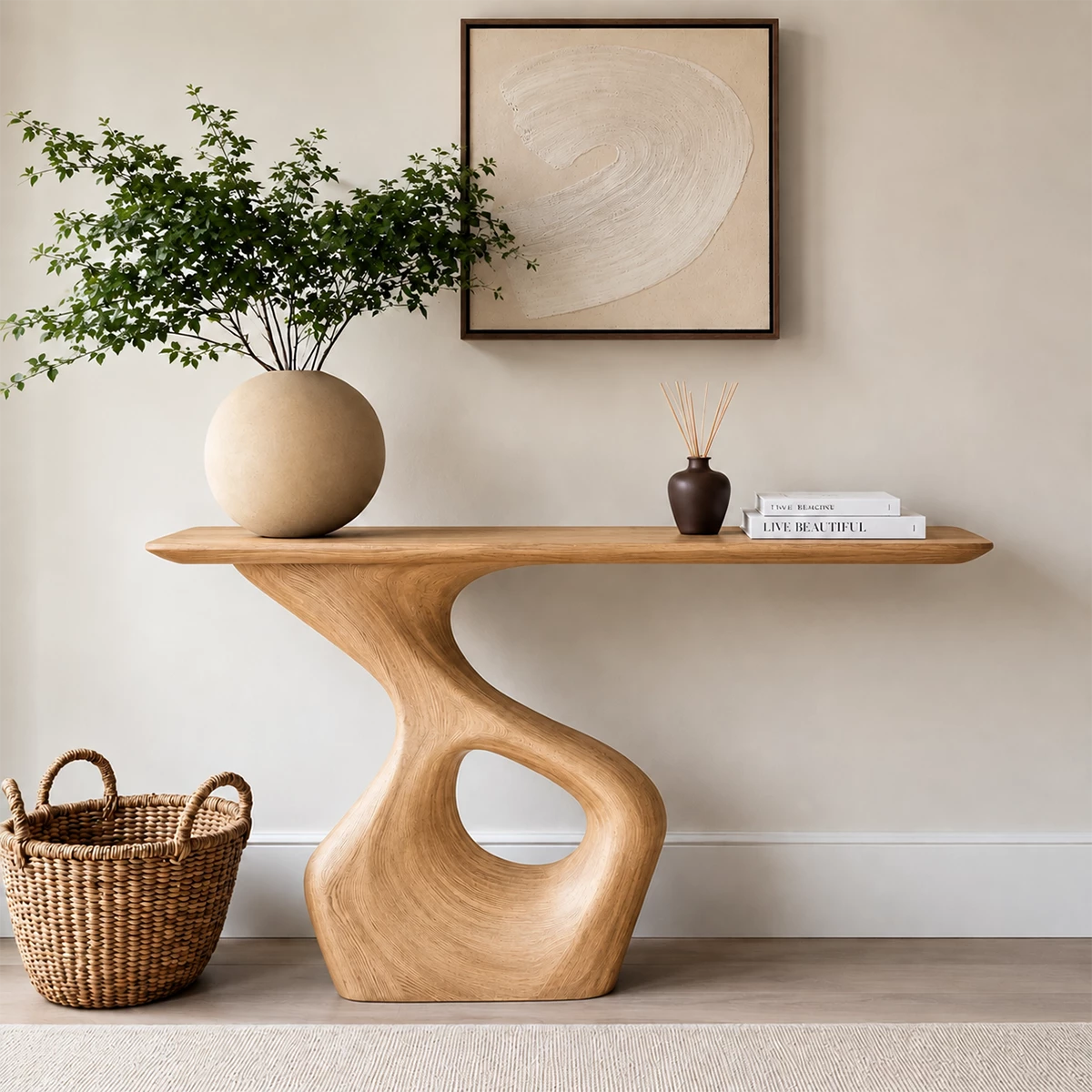 Natural Solid Wood Console Table with Abstract Cutout Pedestal Modern Style - Livewoodcraft - 4