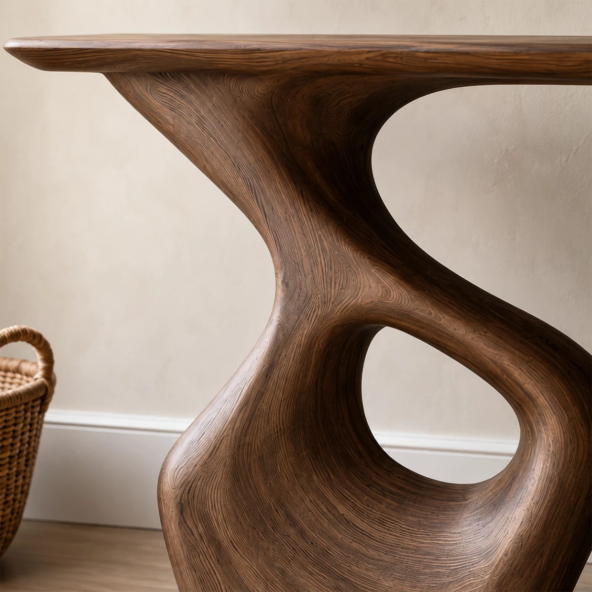 Natural Solid Wood Console Table with Abstract Cutout Pedestal Modern Style - Livewoodcraft - 5