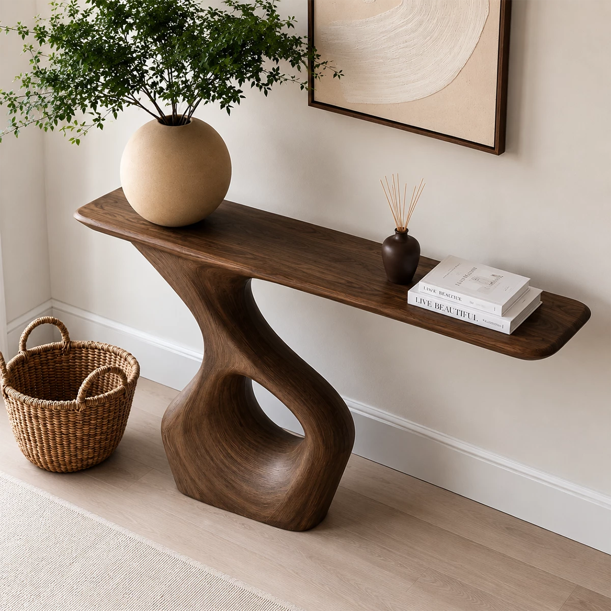 Natural Solid Wood Console Table with Abstract Cutout Pedestal Modern Style - Livewoodcraft - 6