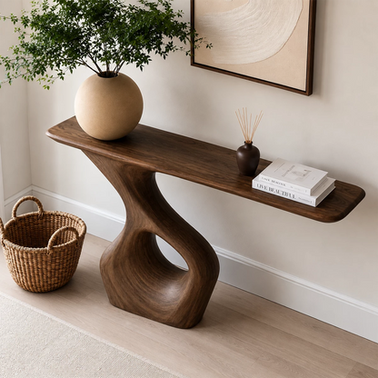 Natural Solid Wood Console Table with Abstract Cutout Pedestal Modern Style - Livewoodcraft - 6