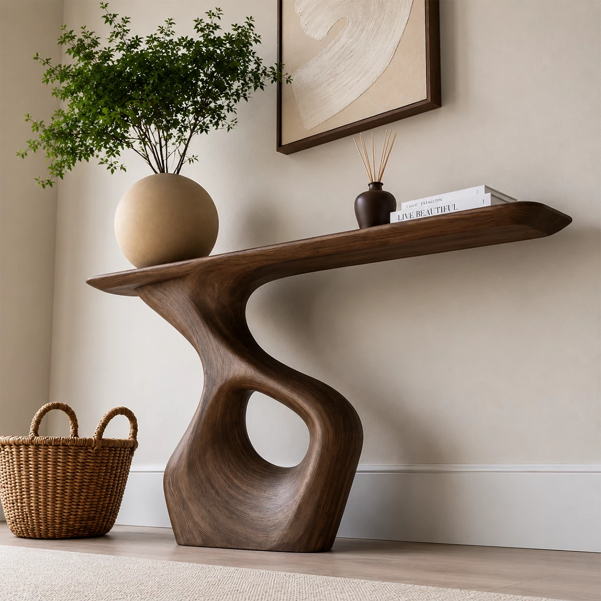 Natural Solid Wood Console Table with Abstract Cutout Pedestal Modern Style - Livewoodcraft - 7