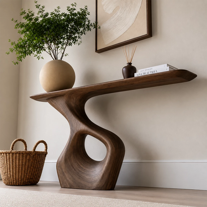 Natural Solid Wood Console Table with Abstract Cutout Pedestal Modern Style - Livewoodcraft - 7