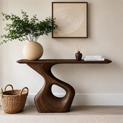 Natural Solid Wood Console Table with Abstract Cutout Pedestal Modern Style - Livewoodcraft - 8
