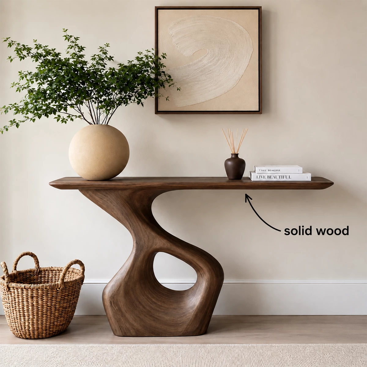 Natural Solid Wood Console Table with Abstract Cutout Pedestal Modern Style - Livewoodcraft - 9
