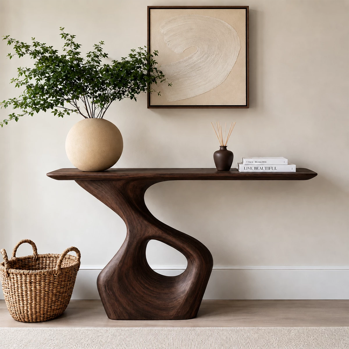 Natural Solid Wood Console Table with Abstract Cutout Pedestal Modern Style - Livewoodcraft