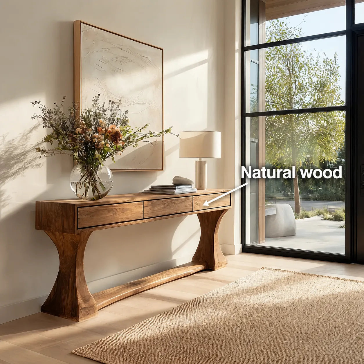 Natural Solid Wood Console Table with Drawers and Sculptural Base - Livewoodcraft - 10
