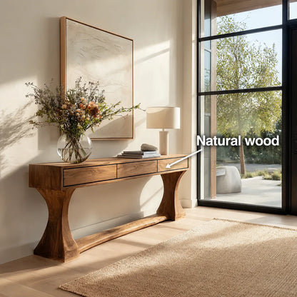 Natural Solid Wood Console Table with Drawers and Sculptural Base - Livewoodcraft - 10