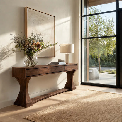 Natural Solid Wood Console Table with Drawers and Sculptural Base - Livewoodcraft - 2