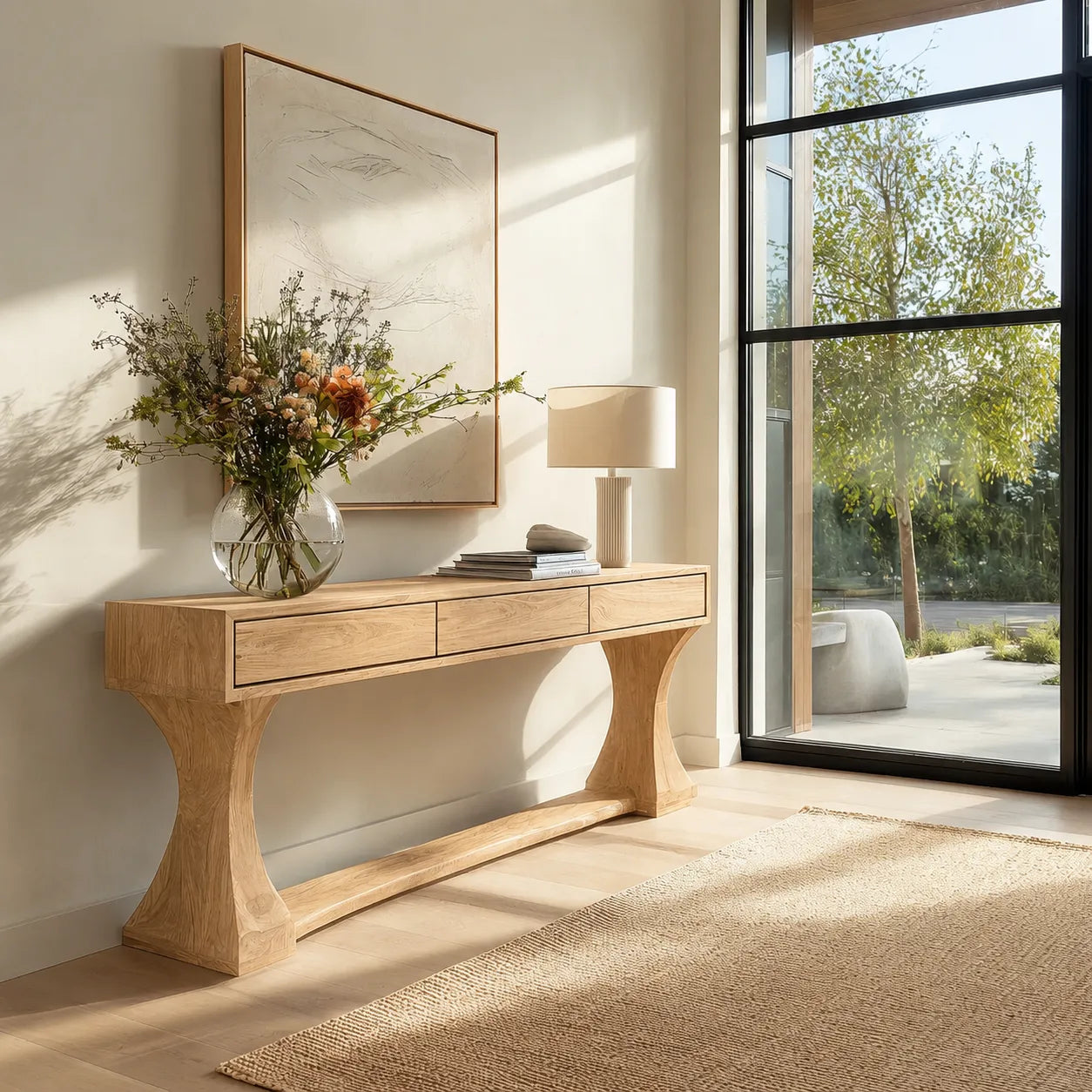 Natural Solid Wood Console Table with Drawers and Sculptural Base - Livewoodcraft - 3
