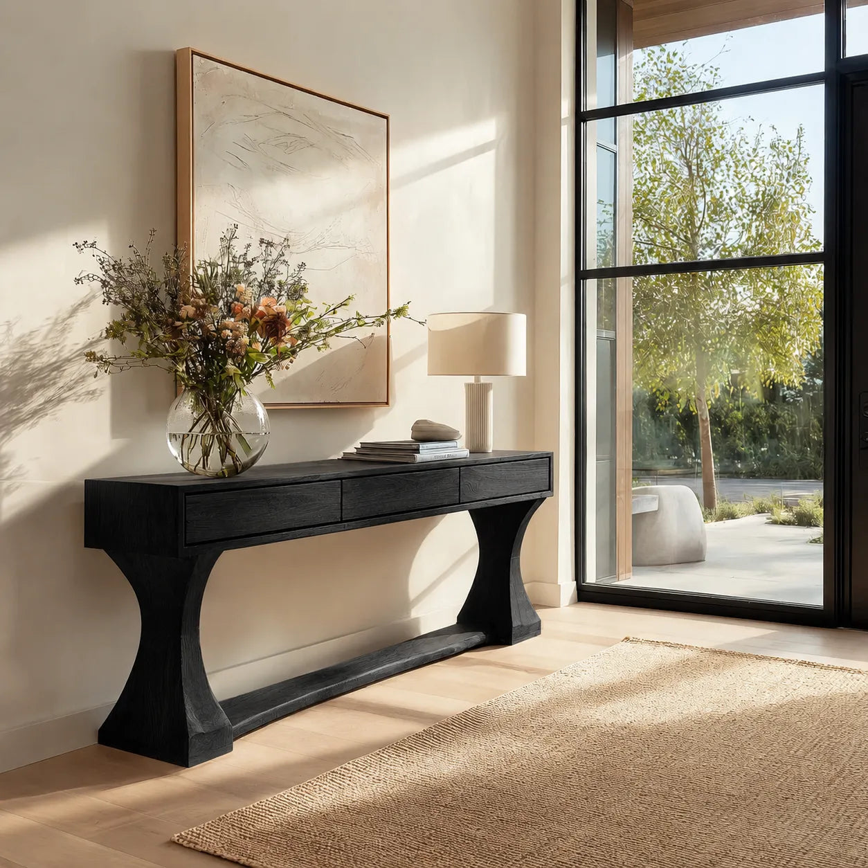 Natural Solid Wood Console Table with Drawers and Sculptural Base - Livewoodcraft - 4