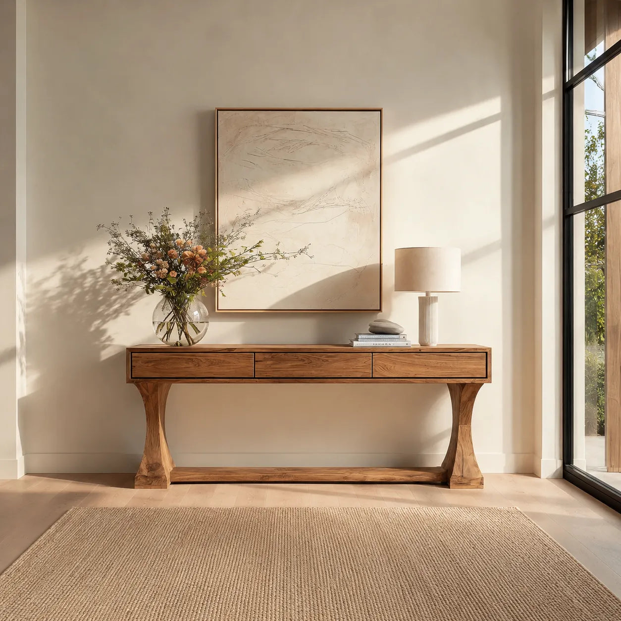 Natural Solid Wood Console Table with Drawers and Sculptural Base - Livewoodcraft - 5