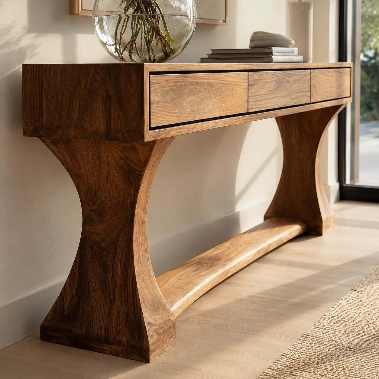 Natural Solid Wood Console Table with Drawers and Sculptural Base - Livewoodcraft - 6