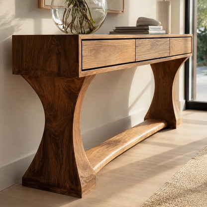 Natural Solid Wood Console Table with Drawers and Sculptural Base - Livewoodcraft - 6